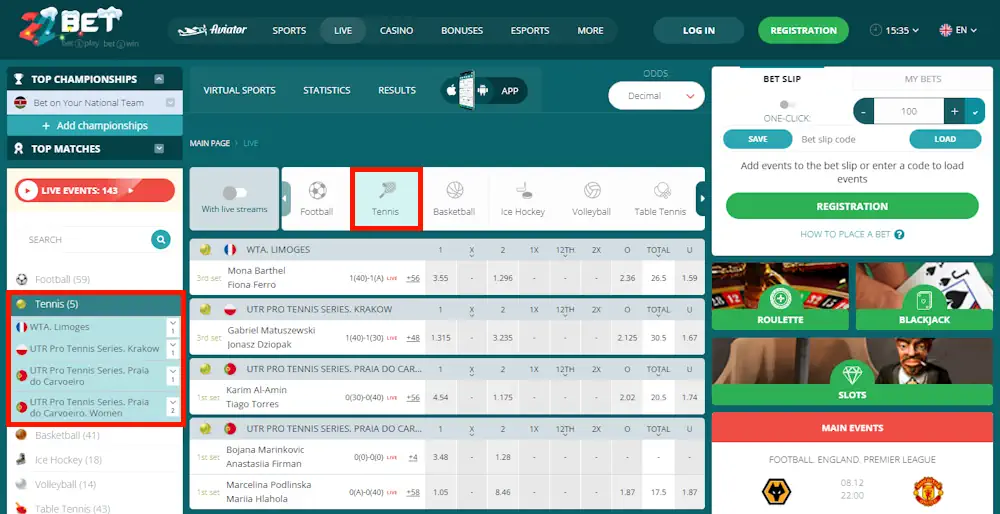 Tennis Live Betting And Live Streaming in 22bet Screenshot